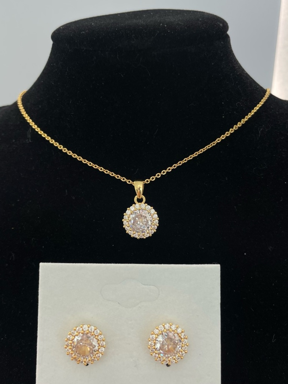 Gold Crystal Halo Necklace and Stud Earring Set - Picture 2 of 4